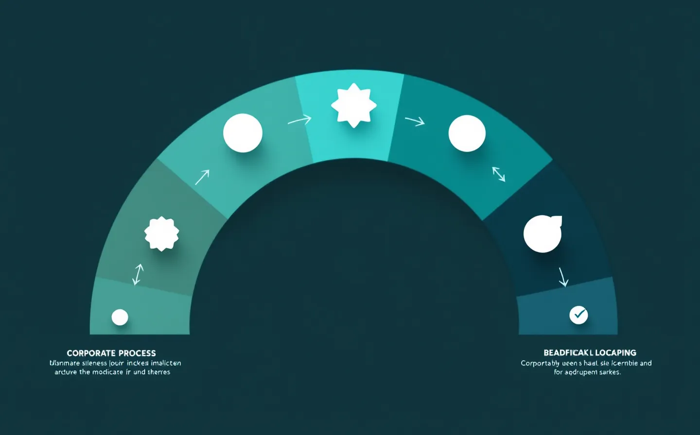 A flat matte corporate semi-circular segmented process arc of six teal phases with white glyphs and clockwise arrows representing the growth-hormone / IGF-1 axis cycle, on a deep teal-ink ground